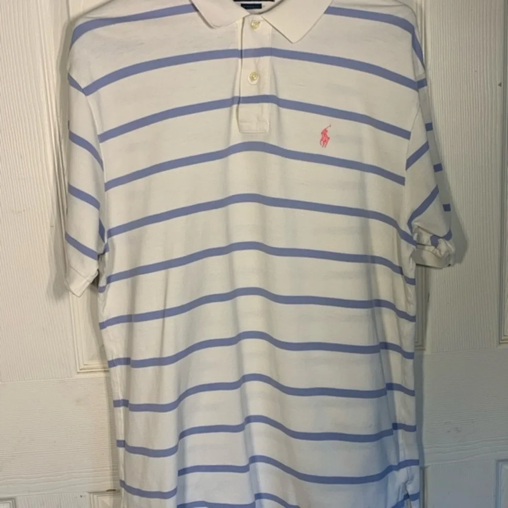 Men's Polo Ralph Lauren Large White Blue Striped  100% Cotton Short Sleeve Golf‎
